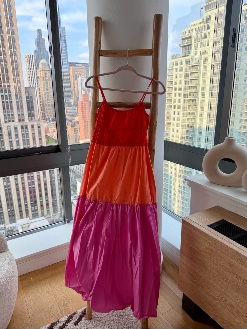Colorblock Pink-Orange Red Tiered Spaghetti-Strap Dress